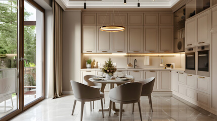 A Serene Beige Kitchen Haven: A Cozy Eating Space with Panoramic Window Offering a Glimpse of the World Outside - obrazy, fototapety, plakaty