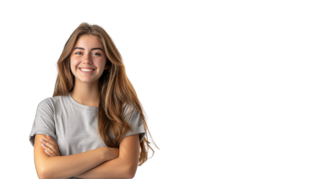 Portrait of young beautiful cute cheerful girl smiling looking at camera. PNG file of isolated cutout object on transparent background.