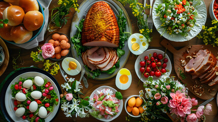 A Delightful Easter Brunch: A Scrumptious Feast of Glazed Ham, Easter Eggs, Salads, Assorted Appetizers, and Blooming Spring Flowers