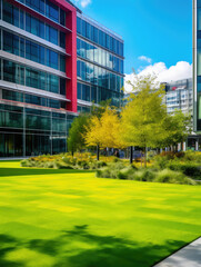 Modern Office Building with Vibrant Green Lawn