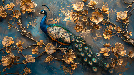 Vibrant Vintage Elegance: An Artistic Canvas of Abstract Illustrations and Floral Elements with Peacocks, Gold Accents, and Textured Depth