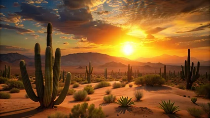 Selbstklebende Fototapeten Desert landscape with cactuses at sunset. © Ajay