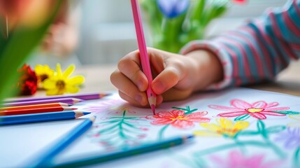 Naklejka premium A child's hand draws with colored pencils a picture of flowers for Mother's Day.