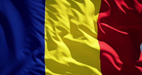 Close-up of the national flag of Romania flutters in the wind on a sunny day