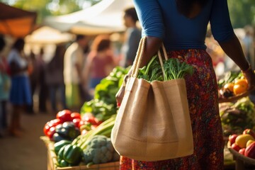 A woman shops at a sun-drenched farmers market. A zero-waste lifestyle. - obrazy, fototapety, plakaty