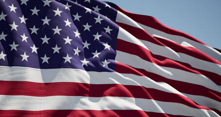 Close up of American Flag Waving. USA Banner Flaping in Wind. Concept of 4th of July, Independence Day, American Election and Other Feasts