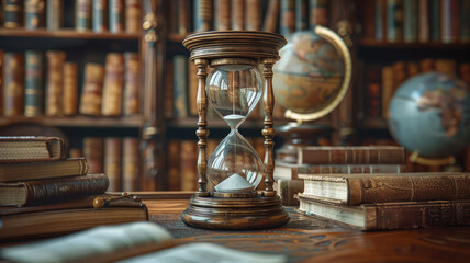 A vintage hourglass in a library setting - obrazy, fototapety, plakaty