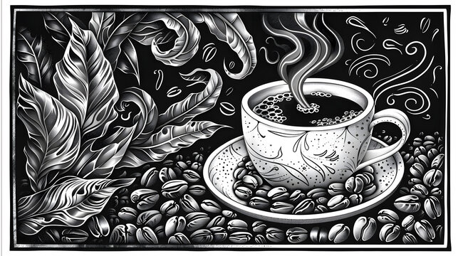 Black and White Illustration: Steaming Coffee Cup, Coffee Beans, and Floral Elements - A Generative AI Raster Sketch Engraving Inspired by Scratch Board Imitation
