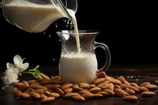Almond milk is poured from a glass jug into a glass goblet, with almonds scattered nearby. On a black background.