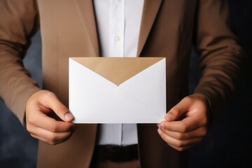 The man is holding a white envelope mockup in his hands. Beautiful business layout.