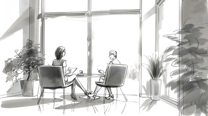 Presentation illustration drawing of lady discussing with a client in an office - obrazy, fototapety, plakaty