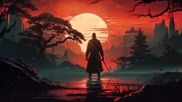 a terrifying Ronin standing in the forest at night. Black silhouette of Japanese samurai warrior against forest at night