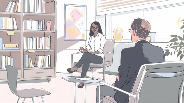 Presentation illustration drawing of lady discussing with a client in an office