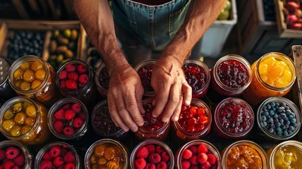 Foto op Plexiglas Man arranging jars with fruit preserves on a market stall. © SashaMagic