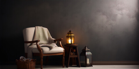 A dimly lit room with a chair, a stool, a lantern, and a basket. - obrazy, fototapety, plakaty