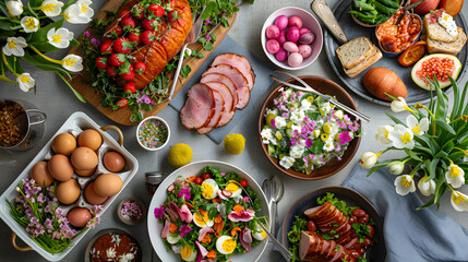 Vibrant Spring Celebration: An Elegant Easter Brunch Feast with Glazed Ham, Colorful Easter Eggs, Salads, Assorted Appetizers, and a Bountiful Garden of Spring Flowers