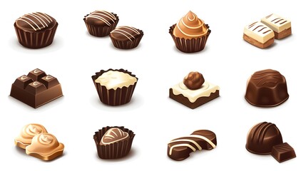 Set icons various chocolate pralines on white background. - obrazy, fototapety, plakaty