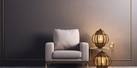 3D rendering of a minimal living room interior with a beige armchair, golden table and lantern - obrazy, fototapety, plakaty
