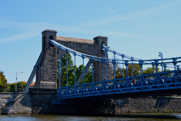 Grunwald Bridge, a suspension bridge over the river Oder in Wroclaw, Poland