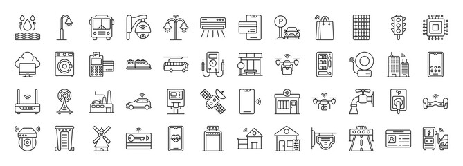 Smart City vector thin line mini icons set. Thin simple outline icon collection.