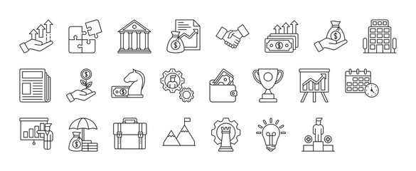 Business and Finance vector thin line mini icons set. Thin simple outline icon collection.
