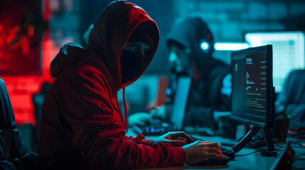 High-Tech Showdown: Red vs. Blue Hacker Teams in an Intense Cyber Security Battle Against Network Breaches on a Dark Background - obrazy, fototapety, plakaty