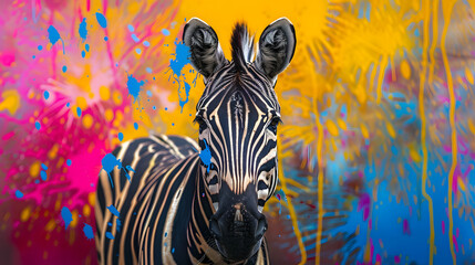 Fototapeta premium Vibrant Abstract Zebra: A Striking Artwork of a Colorful Zebra Amidst Splattered Paint Background