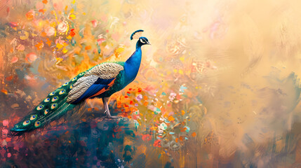 Elegant Peacock in Abstract Art: A Modern Masterpiece with Golden Brushstrokes and Textured...