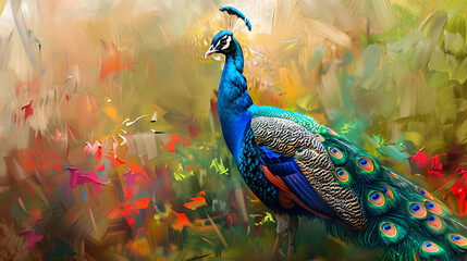 Inspiring Creativity: An Exquisite Art Piece - Abstract Canvas, Peacock, Golden Brushstrokes, and...