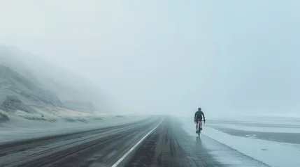 Rucksack minimalist landscape, road beside beach, triathlete riding bike, centered in frame, fog and haze, copy and text space, 16:9 © Christian