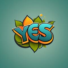 Logotype YES lettering in front of green leaves on isolated background