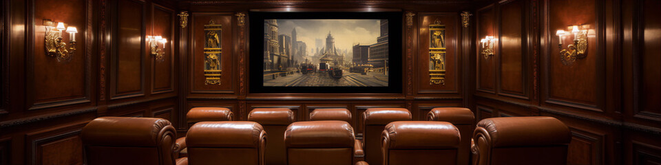A home theater with brown leather chairs and a large screen. - obrazy, fototapety, plakaty