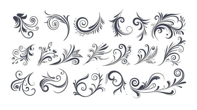 Set of vintage calligraphic flourish, curls, dividers, scrolls and swirls. Simple design elements. Hand drawn flourish