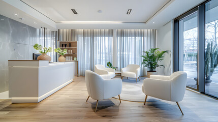 Sleek and Serene: A Modern Beauty Salon's Tranquil Ambiance with White Armchairs, Panoramic Window, and Mock-up Wall