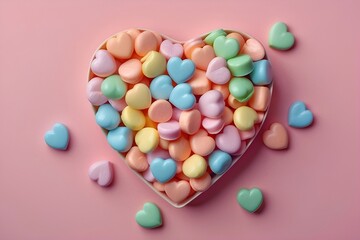 Fototapeta na wymiar Colorful Heart shaped candies on pink background 