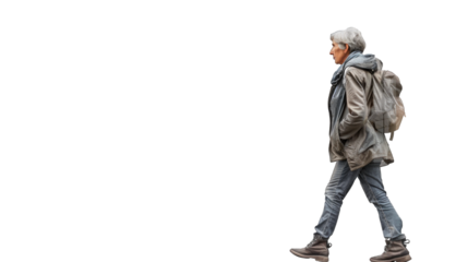 The modern elderly woman walks with a light gait. PNG file of isolated cutout object on transparent background.