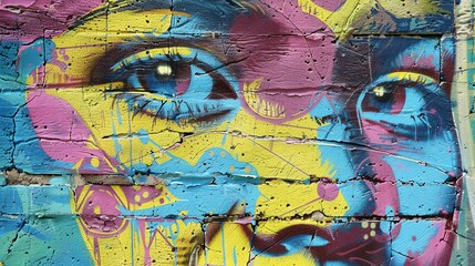 A close-up of a colorful mural of a woman's face. The mural is painted on a brick wall and has a cracked and weathered texture.