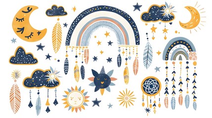 hand drawn boho clipart for nursery decoration with cute rainbows and moon, sun, cloud, dream catcher © Pascal