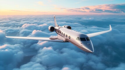 A private jet flies high above the clouds. It is a symbol of luxury and travel.