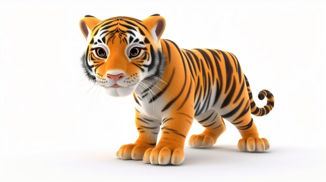 A cute 3D rendering of a baby tiger. It has big, round eyes and a fluffy orange coat with black stripes.