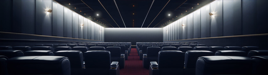 Modern empty cinema auditorium with red carpet and black leather seats - obrazy, fototapety, plakaty