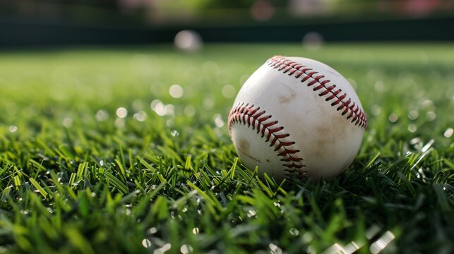 A close-up image of a baseball resting on the green grass of a baseball field. The ball is old and scuffed, and the grass is wet with dew.