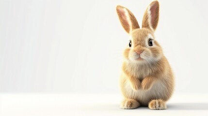 Cute and fluffy brown bunny rabbit sitting on a white background, looking at the camera with its big black eyes.