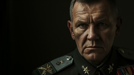 A portrait of a stern-looking military man in his dress uniform.