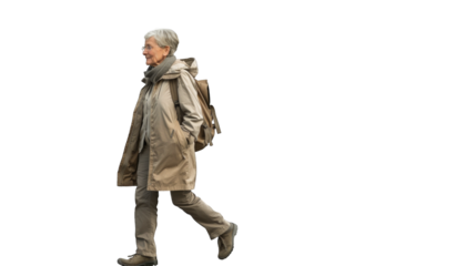 The modern elderly woman walks with a light gait. PNG file of isolated cutout object on transparent background.
