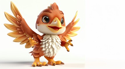 Cute and fluffy orange baby phoenix with big eyes and a friendly smile. It is standing on two legs and has its wings spread out.