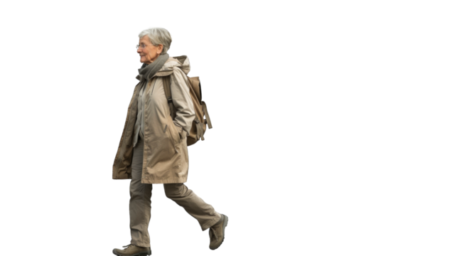The modern elderly woman walks with a light gait. PNG file of isolated cutout object on transparent background.