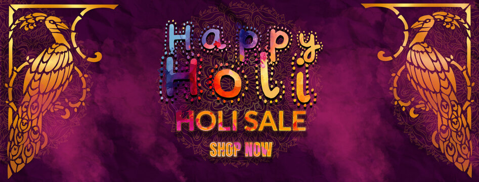 Holi website banner poster for sale and promotion template design. Indian Festival of Colors celebration with text special holi sale.