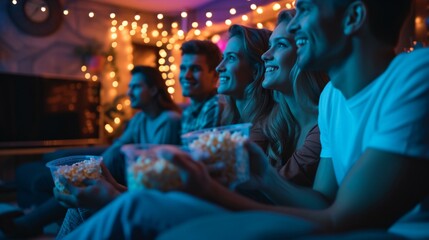 A group of friends are watching a movie together. They are all sitting on the couch and eating popcorn. They are all smiling and enjoying the movie. - obrazy, fototapety, plakaty