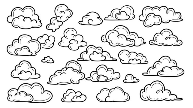 set of doodle outline clouds. Simple cloud collection in black contour